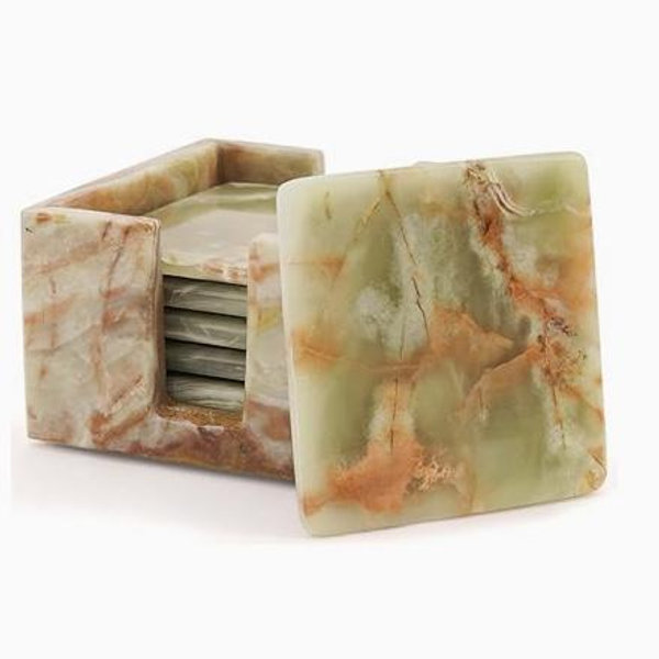 Marble Coasters Set of 6 Green Onyx 3.5 Inch Square Coaster for Drinks with Holder, Drink Coaster for Tabletop & Coffee Table Decor, Ideal Home Decor House Warming Gifts