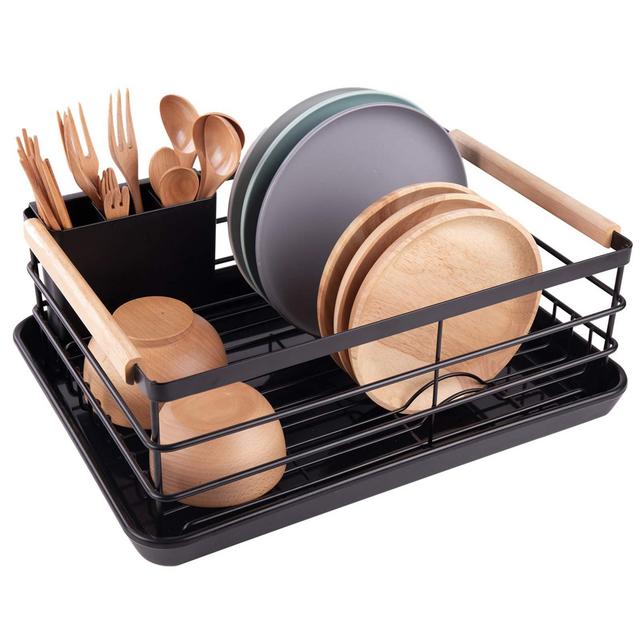 BRIAN DANY Kitchen Dish Drainer, Drying Rack with Full-Mesh Storage Basket, Black