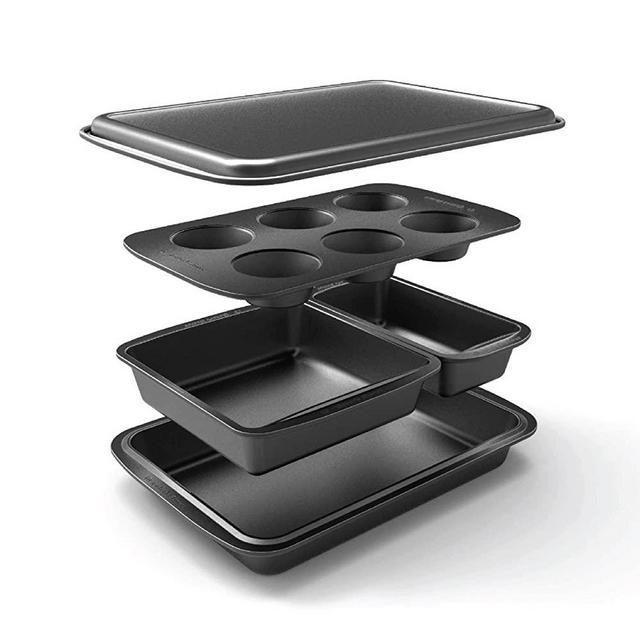 Baker's Secret Stackable Baking Set of 5 Bakeware Pans, Bakeware Set, Baking Pan Set Includes Muffin Pan, Roaster Pan, Square Pan, Cookie Sheet, Loaf Pan, Baking Supplies - Essentials Collection