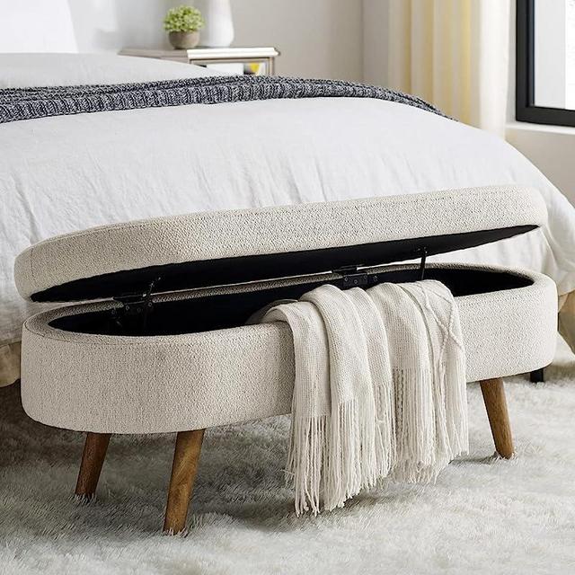 ECLYL Oval Storage Bench 43.5" Linen Fabric Upholstered Entryway Bench with Solid Wood Legs Ottoman Bench Indoor Bench for Living Room/Bedroom/End of Bed/Entryway (Beige)
