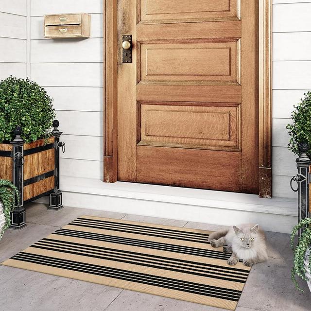 Sungea Black and Khaki Striped Rugs 2.3'x3.6', Washable Hand Woven Front Door Rug, Reversible Outdoor Welcome Mat Foldable Layered Door Mats for Entryway Porch Decor Home Entrance