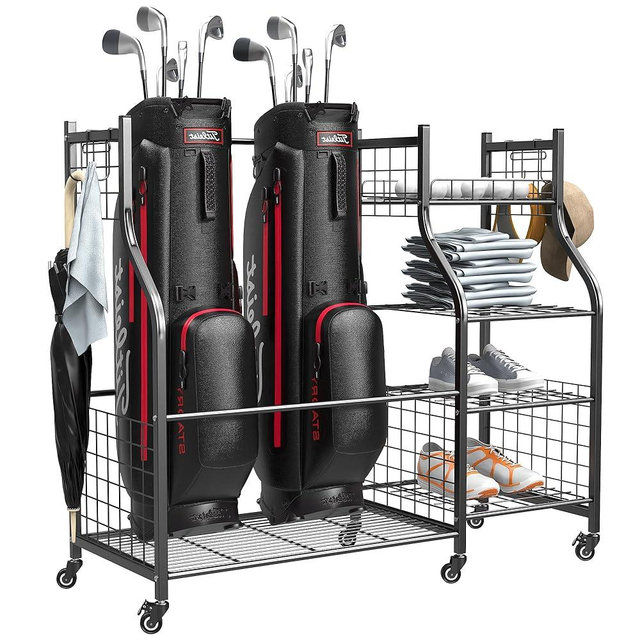 Ultrawall Golf Storage Organizer, Golf Bag Storage Stand for Garage, Golf Equipment Rack with Wheels Fits 2 Golf Bags and Golf Equipment Accessories