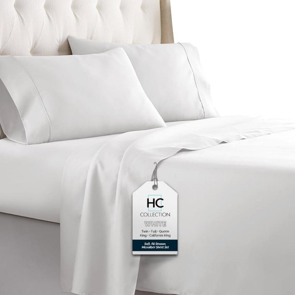 HC COLLECTION Bed Sheets Set Queen with 2 Pillowcases Hotel Luxury Brushed Microfiber Sheet w/Deep Pocket, Fade Resistant Ultra Soft Breathable Lightweight 4 Pcs Bedding Solid Color, White