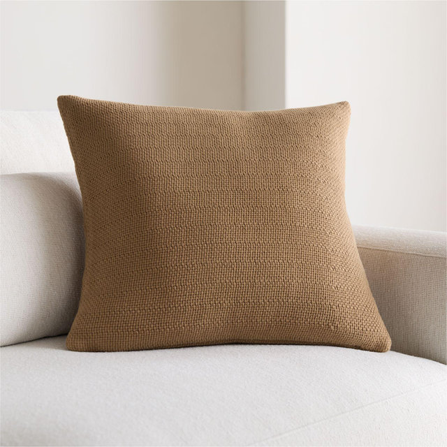 Organic Cotton Basketweave 20"x20" Camel Tan Throw Pillow with Feather Insert