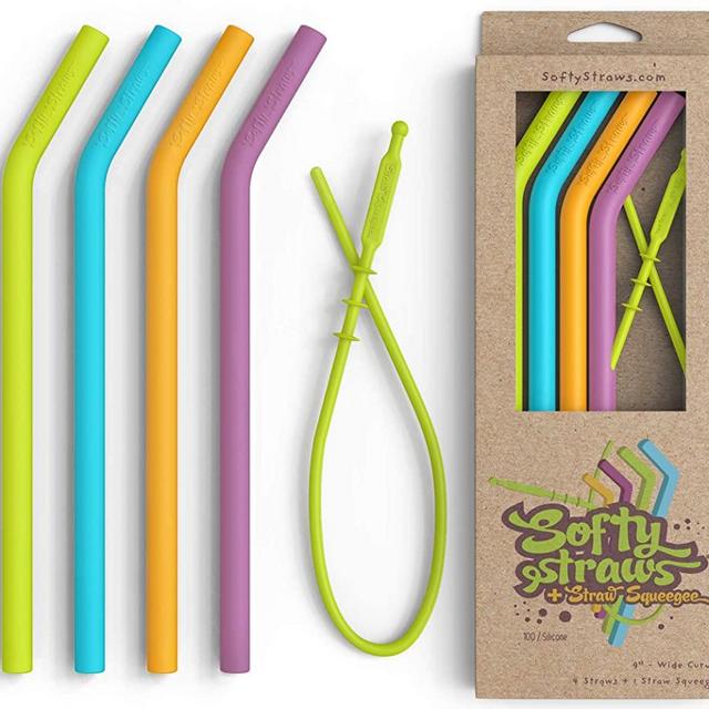 Silicone Straws - Big Size Reusable Drinking Straws with Curved Bend for Tumblers Made from BPA Free No-Rubber Silicon - Flexible, Collapsible, Chewy, Bendy, Safe for Kids/Toddlers