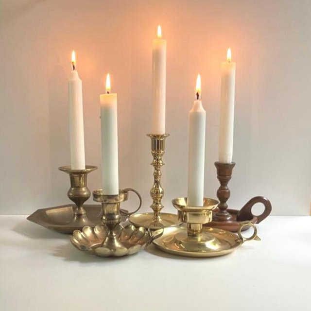 Vintage assorted chambersticks in brass copper enamel metal wood ceramic / rustic primitive candle holders w handle drip pans finger loops