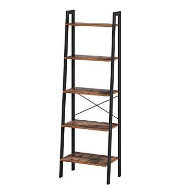 VASAGLE Industrial Bookshelf, 5-Tier Ladder Shelf, Bookcase and Storage Rack, Wood Look Accent Furniture with Metal Frame, for Home Office, Rustic Brown ULLS45X