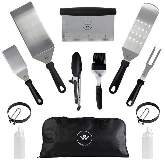 Weselyn Flat Top Grill Accessories Kit - 12-Pc Griddle Set with Burger Spatulas, Scraper, Egg Rings and Meat Fork in a Canvas Tote Bag - Stainless Steel BBQ Tool Kit for Blackstone and Coleman Grills