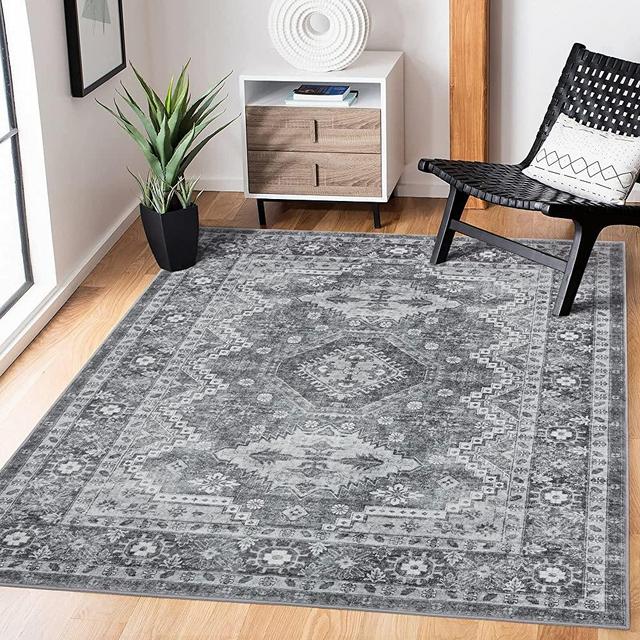 Rugland 8x10 Area Rugs – Stain Resistant Washable Rug, Anti Slip Backing Rugs for Living Room, Boho Persian Tribal Area Rugs (TPR07-Grey, 8'x10')