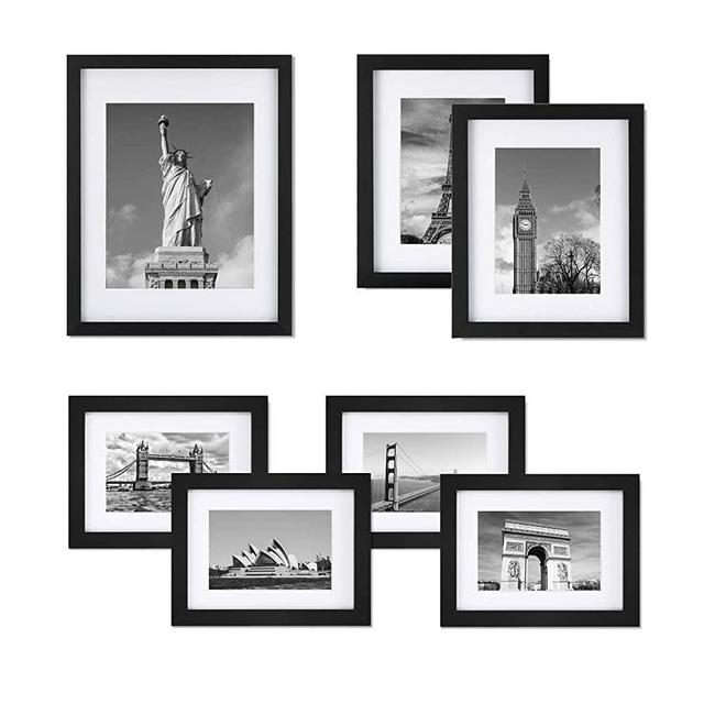 ONE WALL Tempered Glass Picture Frame Set of 7, Multi Pack Black Photo Frames for Wall or Tabletop Display, Gallery Wall Art Kit 1pcs 11x14, 2pcs 8x10, 4pcs 6x8 with Mats - Mounting Hardware Included