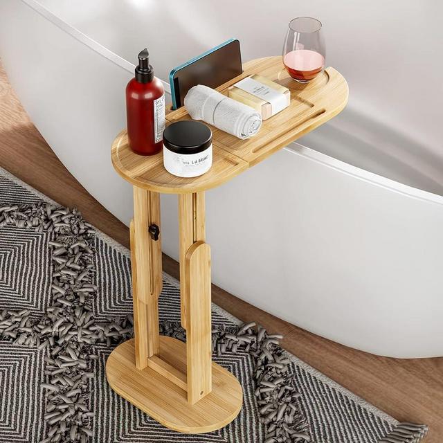 Yumkfoi Foldable Bathtub Side Tray with Adjustable Height, Bamboo Bath Table for Tubs Against Wall, Liftable Tub Caddy Shelf for Luxury Bath Spa and Gift Idea - Patent Protected (Non Freestanding)