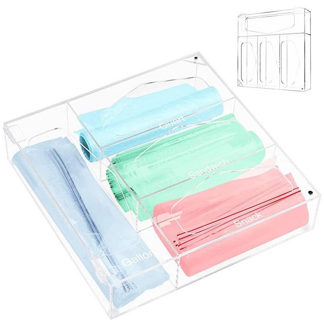 Ziplock Bag Storage Organizer, Acrylic Plastic Bag Organizer for Drawer Food Storage Bag Dispenser for Quart, Sandwich, Snack and Gallon Storage Bag Container Organizer Compatible with Ziplock Bags