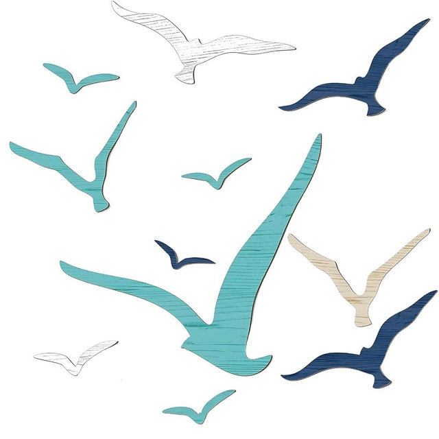 Juyuspesrk 11Pcs Wooden Seagull Wall Decor,Coastal Wall Art,Nautical Theme Beach Adhesive Seagull,Beach Wall Art Decor for Living Room, Office,Home Decorative (Brown+blue+white)