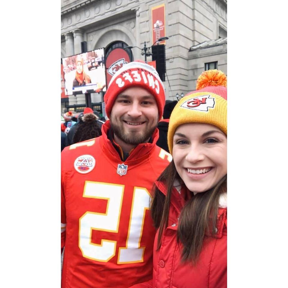 Can you say crazy Chiefs fans?! We stood out in below freezing weather for hours to get front row seats to the Chiefs parade after they won the Superbowl! GO CHIEFS!!