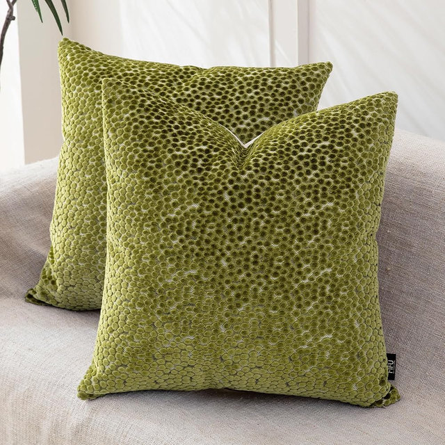 FIFU 20x20 Inch Throw Pillow Cover Set of 2 - Jacquard Velvet Cut-Pile with Linen-Look Back, Invisible Zipper, Soft Decorative Cushion Case for Couch Sofa Bedroom Living Room, Machine Washable, Olive