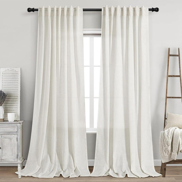 Beige White Linen Curtains 90 Inch Long 2 Panels Set for Bedroom Living Room Beige White Soft Linen Textured Window Drapes Semi Sheer Light Filtering Rod Pocket Back Tab Farmhouse Curtain 52x90