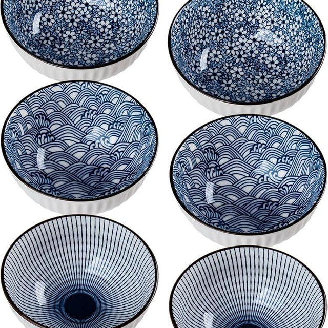 Yuanlity 10 oz Small Ceramic Bowls Set of 6, 4.5 Inch Japanese Blue and White Bowls for Ice Cream, Rice, Dessert, Snack, Dipping, Microwave and Dishwasher Safe - Mixing Pattern