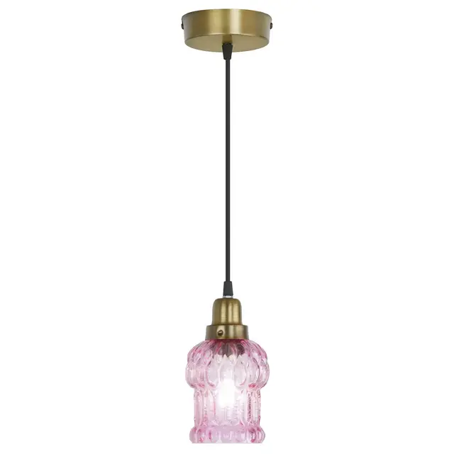 River of Goods 4.5" 1-Light Delphine Glass and Metal Pendant Pink: Gold-Finish Canopy, Adjustable Cord