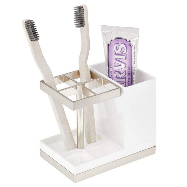 mDesign Decorative Plastic Bathroom Toothbrush and Toothpaste Stand Holder - Dental Organizer with 5 Storage Compartments for Bathroom Vanity Countertops and Medicine Cabinet - White/Brushed Metal