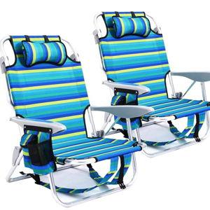 2 Pack Lightweight Portable Camping Beach Chair for Adults, Outdoor Lay Flat Folding Beach Chairs with 5 Positions, Backpack Beach Chair with Towel Bar, Zipper Pouch, Cup Holder, Ocean Striped