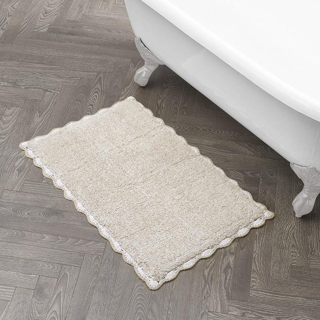 Laura Ashley Heathered Crochet Border 100% Cotton 20"x32" Skid-Resistant Bath Rug, Taupe Sandshell