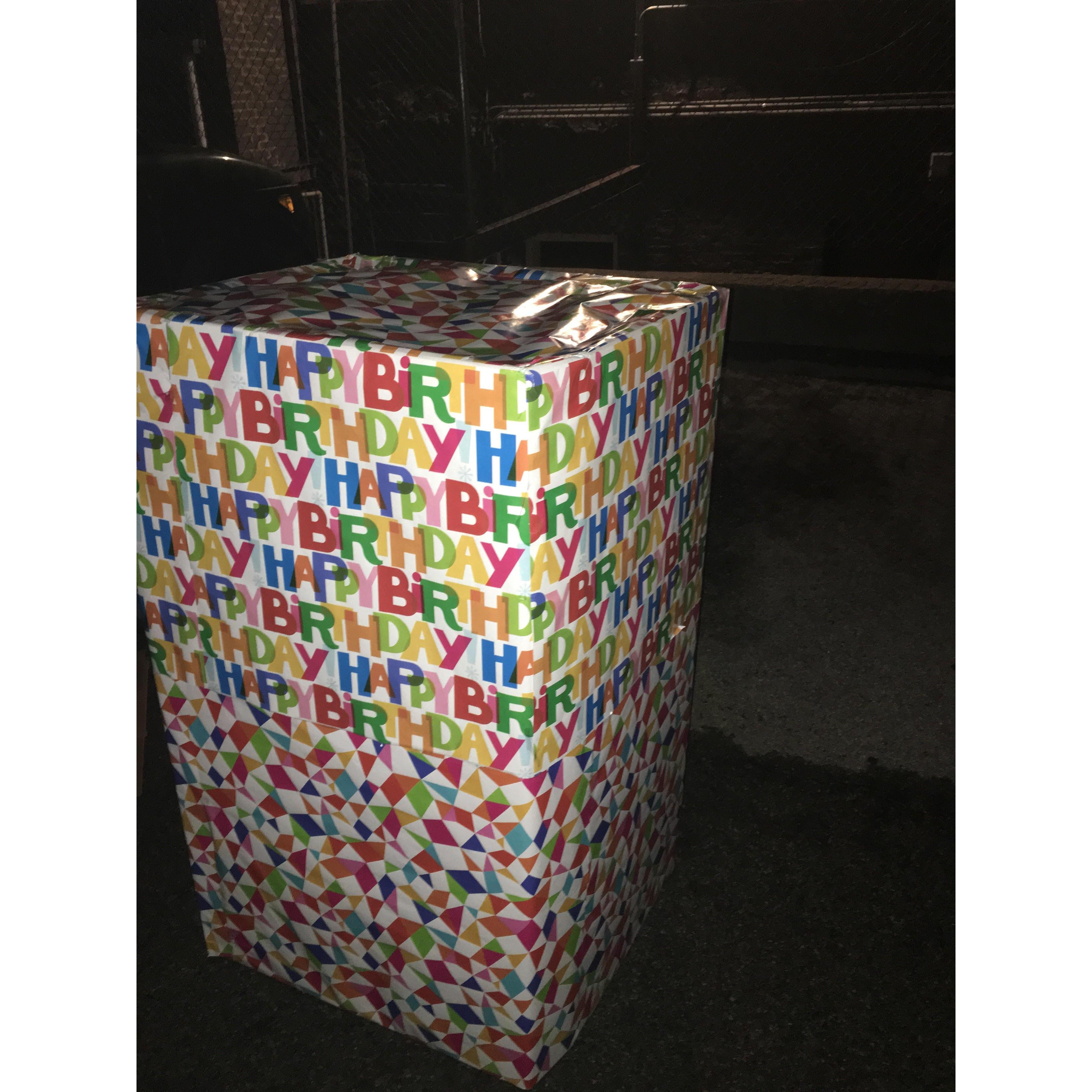 The box Sandi popped out of to surprise Matthew for his birthday.
Because of a flight delay, this happened at 2am instead of 8pm. All Matthew said was, "That makes sense."
Thanks Jordan & Shawn!