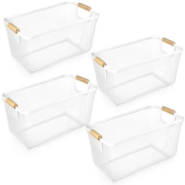 Ziliny 4 Pcs Metal Wire Basket with Wooden Handles Mesh Steel Storage Organizer Bin Containers for Home Organizing Cabinet Pantry Closet Kitchen Fridge Fruit Makeup Snacks Gifts(Large,White)