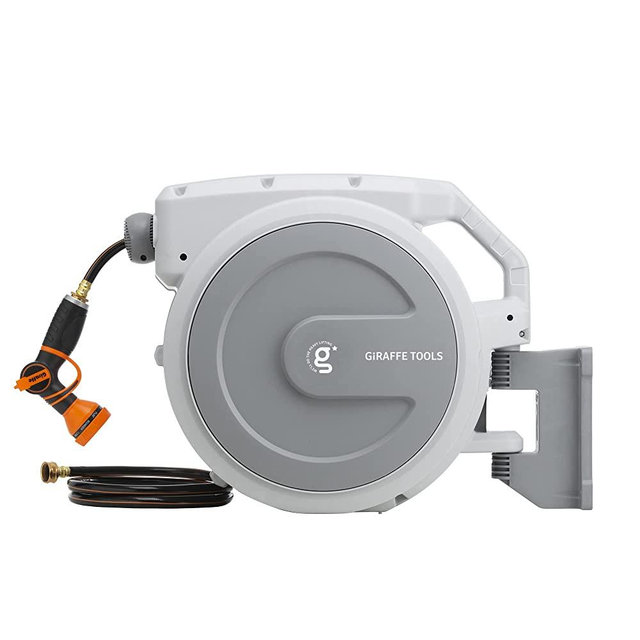 Giraffe Retractable Garden Hose Reel 1/2" x 130 ft, Heavy Duty, Any Length Lock, Slow Return System, Wall Mounted and 180° Swivel Bracket Light Grey