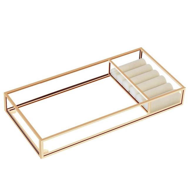 HANGOOD Jewelry Tray Vanity Tray Metal Decorative Tray Perfume Tray Makeup Organizer Tray for Bathroom (Gold)