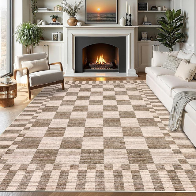 GarveeHome Brown Checkered Rug 6×9 Area Rugs for Living Room,Non-Slip Geometric Tan Brown Print Washable Rug Soft Low-Pile,Neutral Modern Checkerboard Farmhouse Rugs for Bedroom Dining Room