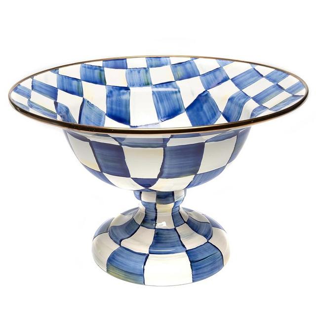 MACKENZIE-CHILDS Royal Check Enamel Compote, Large Enamel Fruit Bowl or Pedestal Candy Bowl, Decorative Serving Bowl