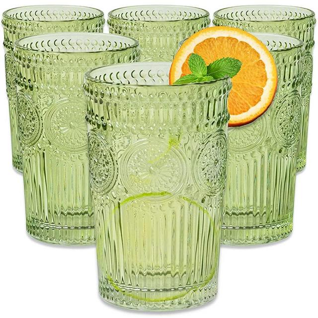 Vintage Textured Sage Green Striped Drinking Glasses Set of 6 - 13 oz Ribbed Glassware with Flower Design| Cocktail Set, Juice Glass, Water Tumbler