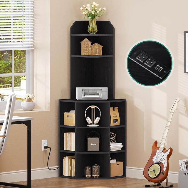 YITAHOME Corner Shelf with USB Ports & Outlets, Industrial Corner Storage Cabinet Rack Charging Station, Wooden Display Bookshelf Bookcase for Living Room, Bedroom, Dining Room, Kitchen, Black