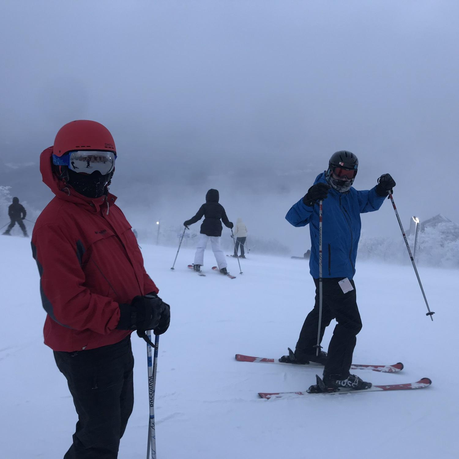 Logan met Meg's dad for the first time at Sugar Mtn, when he also skied for the first time! Pictured: the worst icy/whiteout conditions.