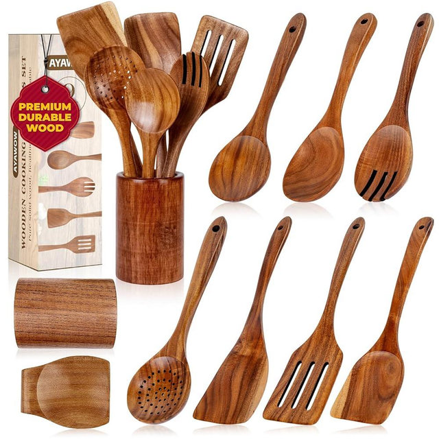 AYAWOW 9 Pcs Wooden Kitchen Utensil Set, Wooden Spoons for Cooking, Wooden Cooking Spoons with Nonstick Spatula Set, Teak Wooden Utensil Set With Holder & Spoon Rest