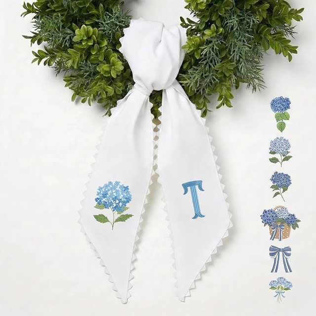 Personalized Linen Easter Wreath Sash with Embroidered Monogram, Custom Wreath Ribbon for Front Door, Holiday Home Decor (Hydrangea DK03)