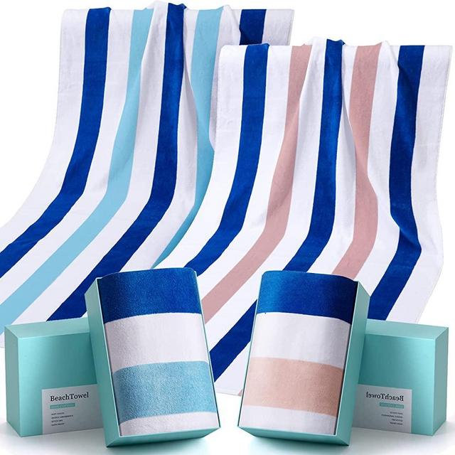 Large Beach Towel，100% Cotton Pool Towel and Colorful Beach Stripes Soft and Quick Dry Swim Towels Variety Pack with Gift Box (Orange-Green-BE, 2)
