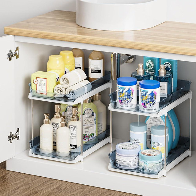 Delamu 2-Tier Multi-Purpose Bathroom Under Sink Organizers and Storage, Stackable Kitchen Pantry Organization, Pull Out Medicine Cabinet Organizer with Movable Dividers, Blue, 2 Pack
