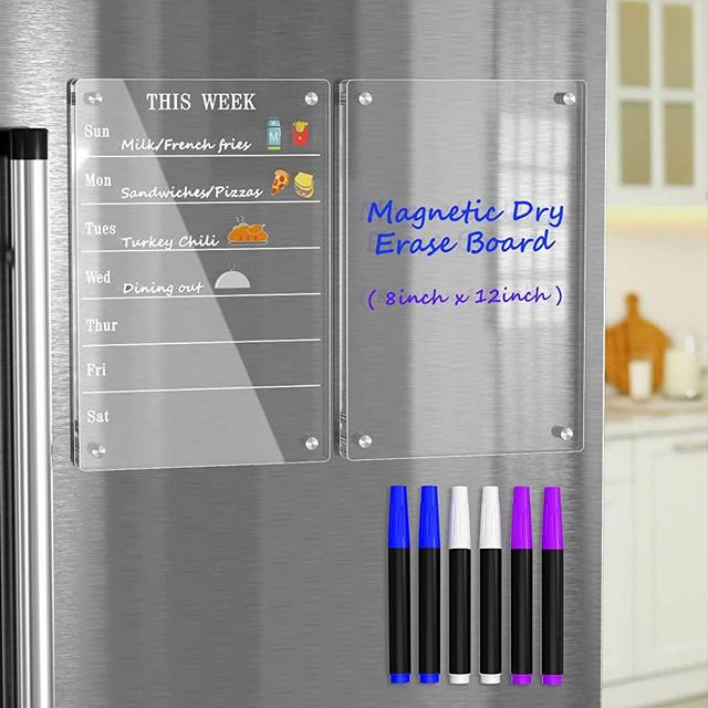 AITEE Acrylic Magnetic Weekly Meal Planner for Fridge, Clear Set of 2 Dry Erase Board Calendar and Memo for Refrigerator Reusable Week Planner, Includes 6 Dry Erase Markers With 3 Colors(8"x12"Inches)