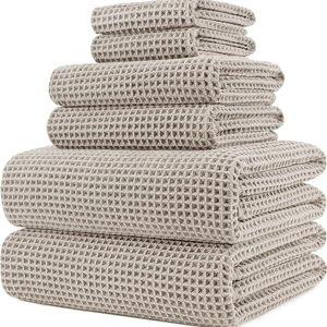 POLYTE 430 GSM Microfiber Quick Dry Lint Free Oversize Bath Towel Set, 6 Piece (Waffle Weave) - Beige