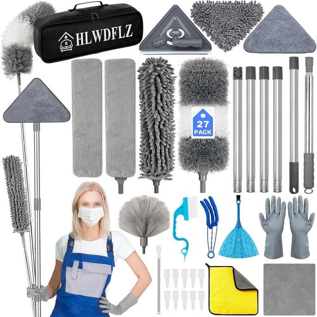 HLWDFLZ Microfiber Duster Kit 27pcs with 30 to 100 Inches Extension Pole and Wall Cleaner Mop, Washable and Bendable Feather Duster for Cleaning Ceiling Fans, High Ceilings, Cobwebs, Blinds, Grey