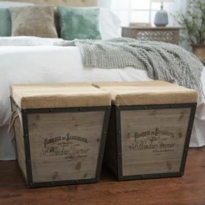 Distressed Wood and Burlap Tapered Ottoman