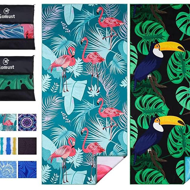 Gomust 2 Pack Lightweight Thin Beach Towel Oversized 71"x32" Big Extra Large Microfiber Sand Free Towels for Adult Quick Dry Travel Camping Beach Accessories Vacation Essential Gift Flamingo Toucan