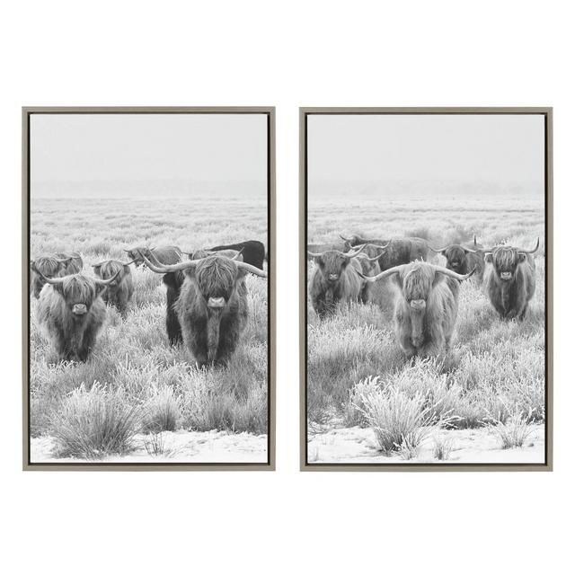 23" x 33" Sylvie Herd of Highland Cows Framed Canvas Set Gray - Kate & Laurel All Things Decor