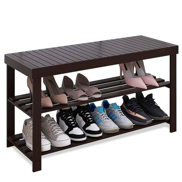 SMIBUY Sturdy Bamboo Shoe Rack Bench, 3-Tier Shoe Organizer, Storage Shelf for Entryway Hallway Bathroom Living Room (Dark Brown)