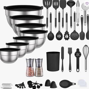 52-Piece Stainless Steel Cooking Utensil Set with 7-Piece Mixing Bowls with Lids Set & Salt and Pepper Grinder Set - Black