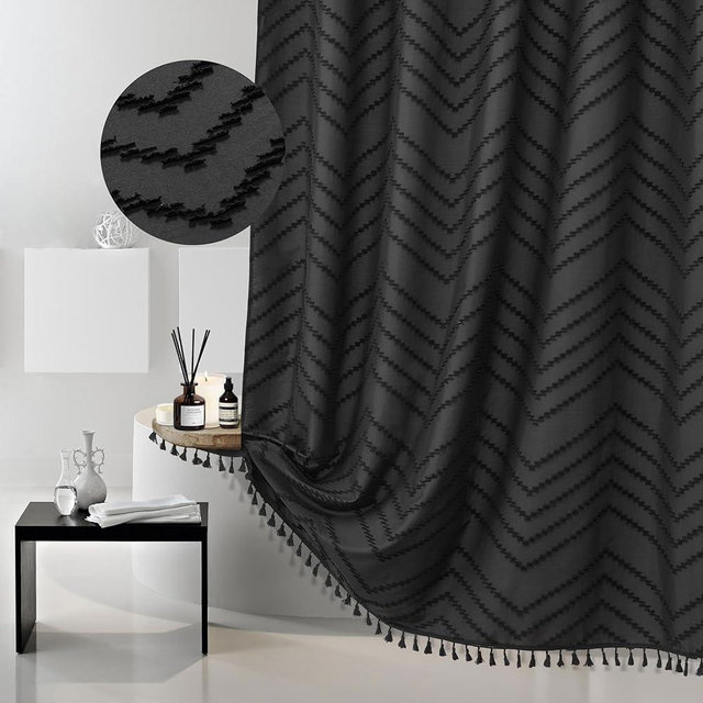 Siiluminisoy Extra Long Black Boho Shower Curtain with Tassel, Woven Fabric Shower Curtain, Tufted Chevron Striped, 72 x 78, Modern Chic Textured Minimalist Bathroom Shower Curtain