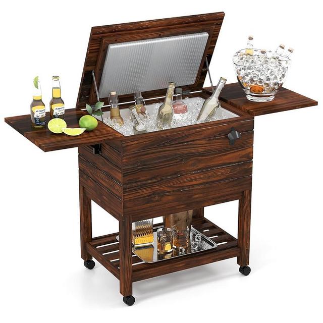 Tangkula Rolling Wooden Patio Cooler Cart, 54 Quart Outdoor Ice Chest Cooler Cart with 2 Drop Leaf Tables, Bottle Opener & Lockable Wheels, Beverage Bar Cart for Poolside, Backyard, Party, BBQ
