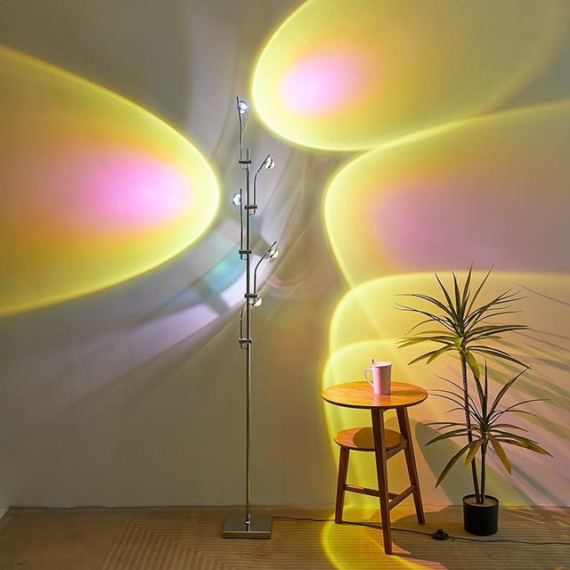 NKU Sunset Floor Lamp Projector 5 Head Multi Head Floor Light with Replaceable Filters Ambient Mood Lighting for Bedroom, Living Room 72in Chrome Unique Modern Colorful Sunset Lamp with Halo Effect