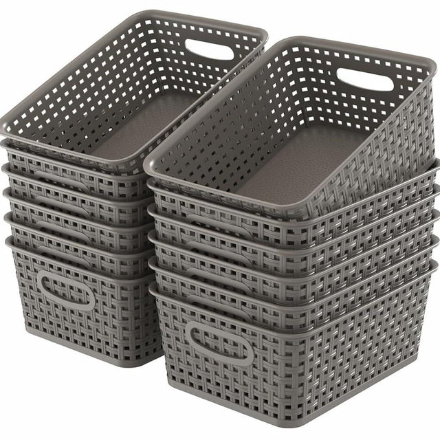 WYT 12-Pack Plastic Small Shelf Storage Weave Baskets for Organizing, Grey